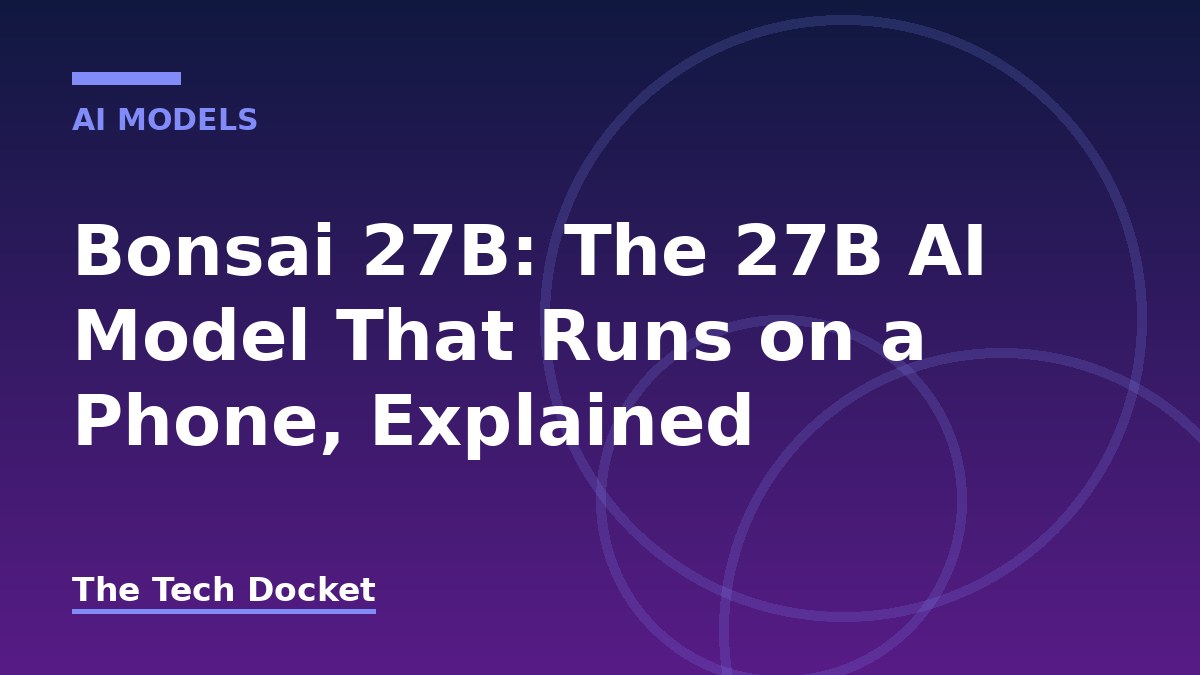 Stylized graphic card reading Bonsai 27B, a 27-billion-parameter AI model compressed to run on a smartphone